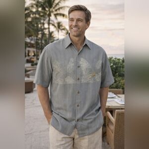 Bamboo Cay XXL Chest Bird of Paradise Embroidered Shirt Gray Short Sleeve